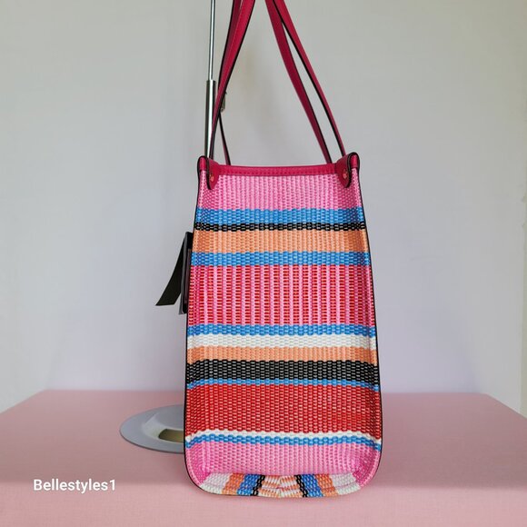 KATE SPADE Market Striped Woven Straw Medium Tote Bag-Wild Raspberry Multi⭐ - Picture 9 of 16